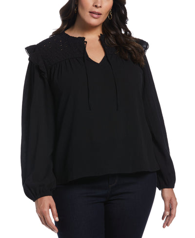 Eyelet Yoke Ruffle Gauze Blouse (Black) 