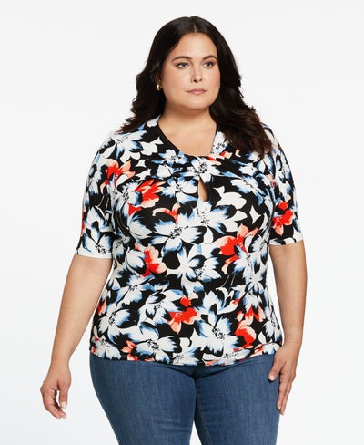 Floral Elbow Sleeve Top (Azure Blue) 