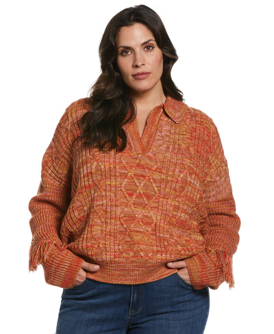 Fringe Trim Polo Sweater (Orange Rust) 