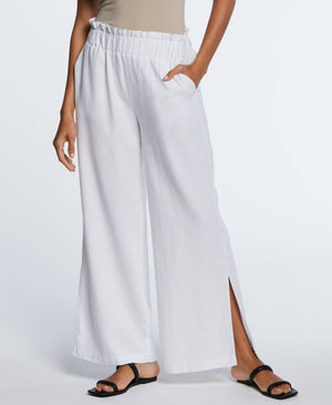 Plus Size Linen Blend Pull On Wide Leg Pant with Side Slit (White)