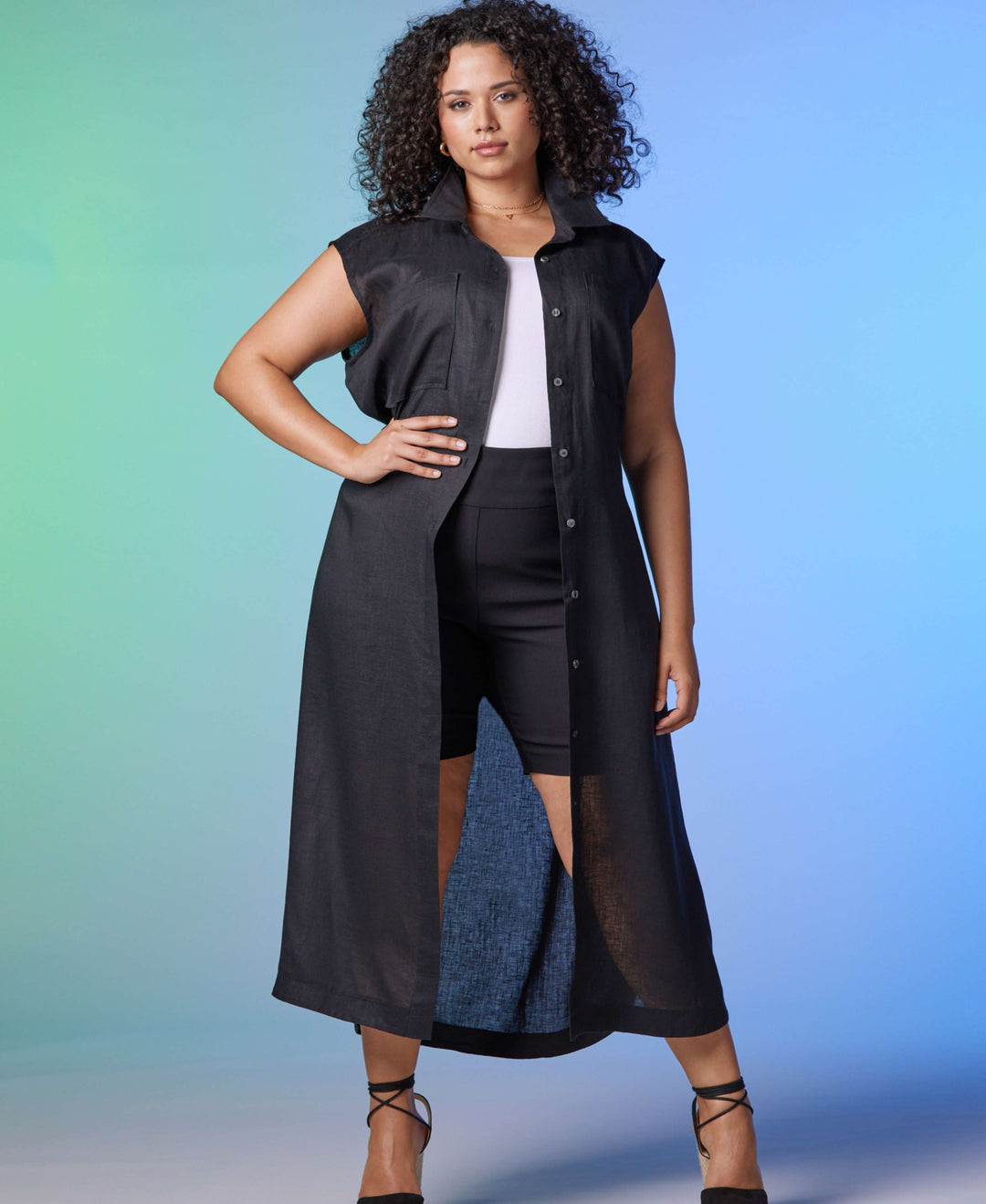 Stripe Linen Shirtdress (Black) 