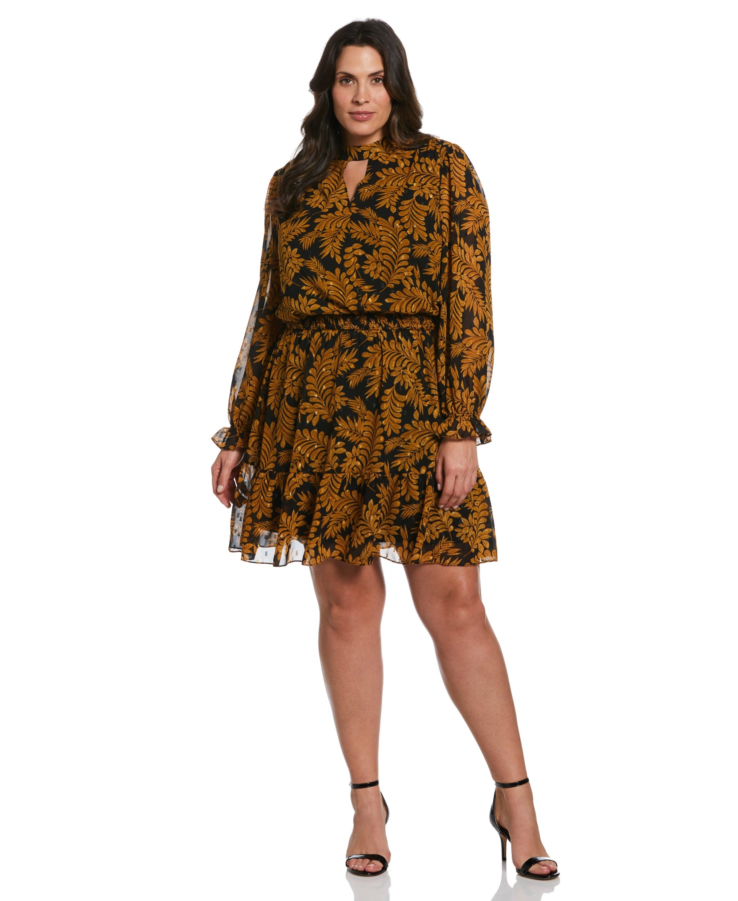 Ella Rafaella Plus Size Metallic Leaves Print Long Sleeve Dress - Black - Size 3X Ella Rafaella Plus Size Metallic Leaves Print Long Sleeve Dress - Black - Size 3X