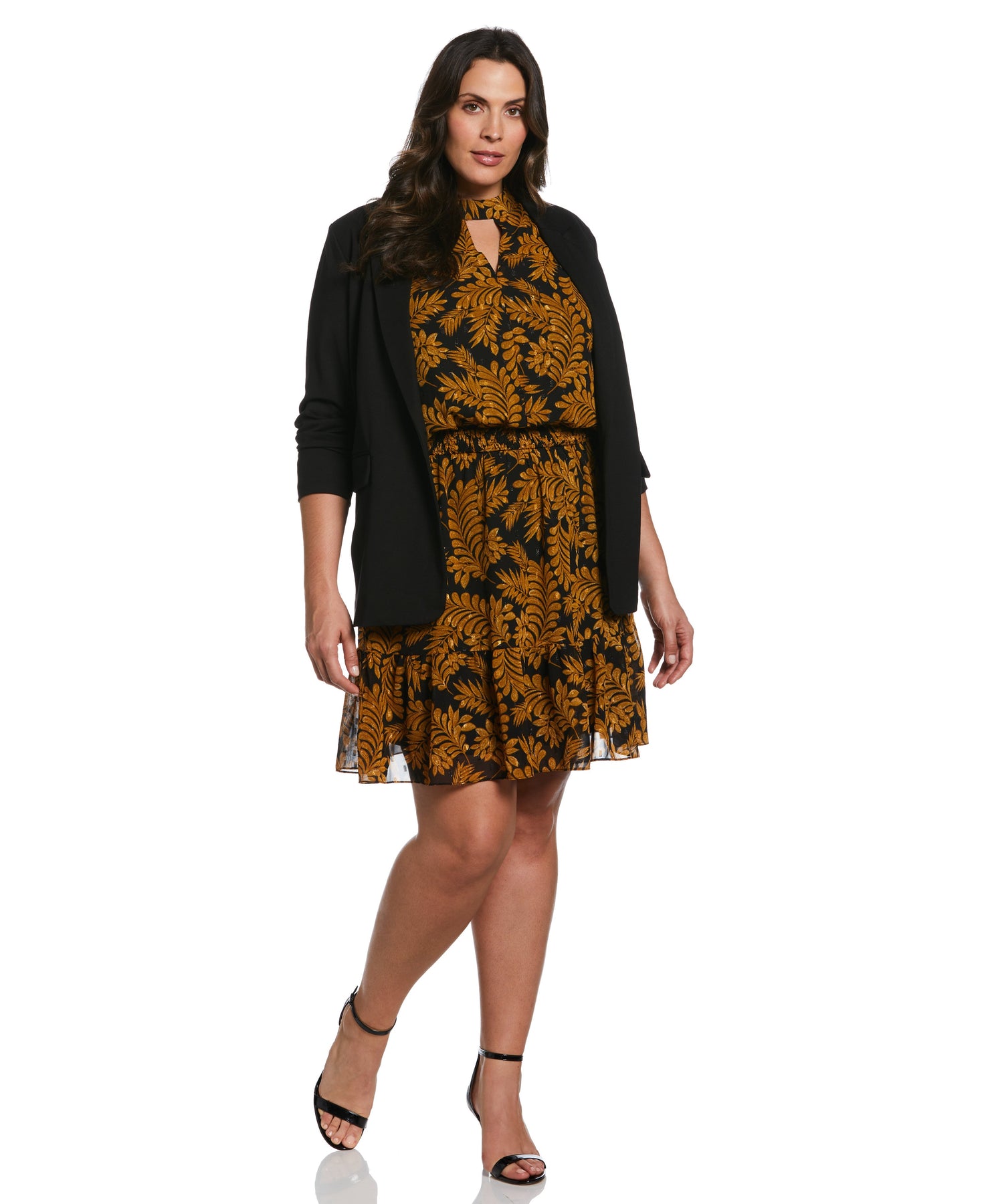 Ella by Rafaella Women's Plus Size Metallic Leaves Print Dress in Black, Size 3X, Patterned, Polyester/Metallic