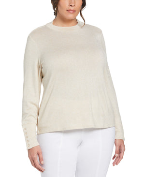 Mock Neck Snap Cuff Top (Wheat Heather) 
