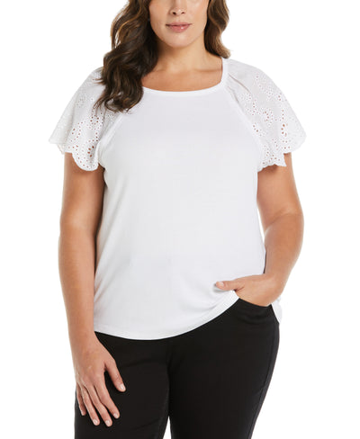 Rib Knit Eyelet Sleeve Tee (White) 