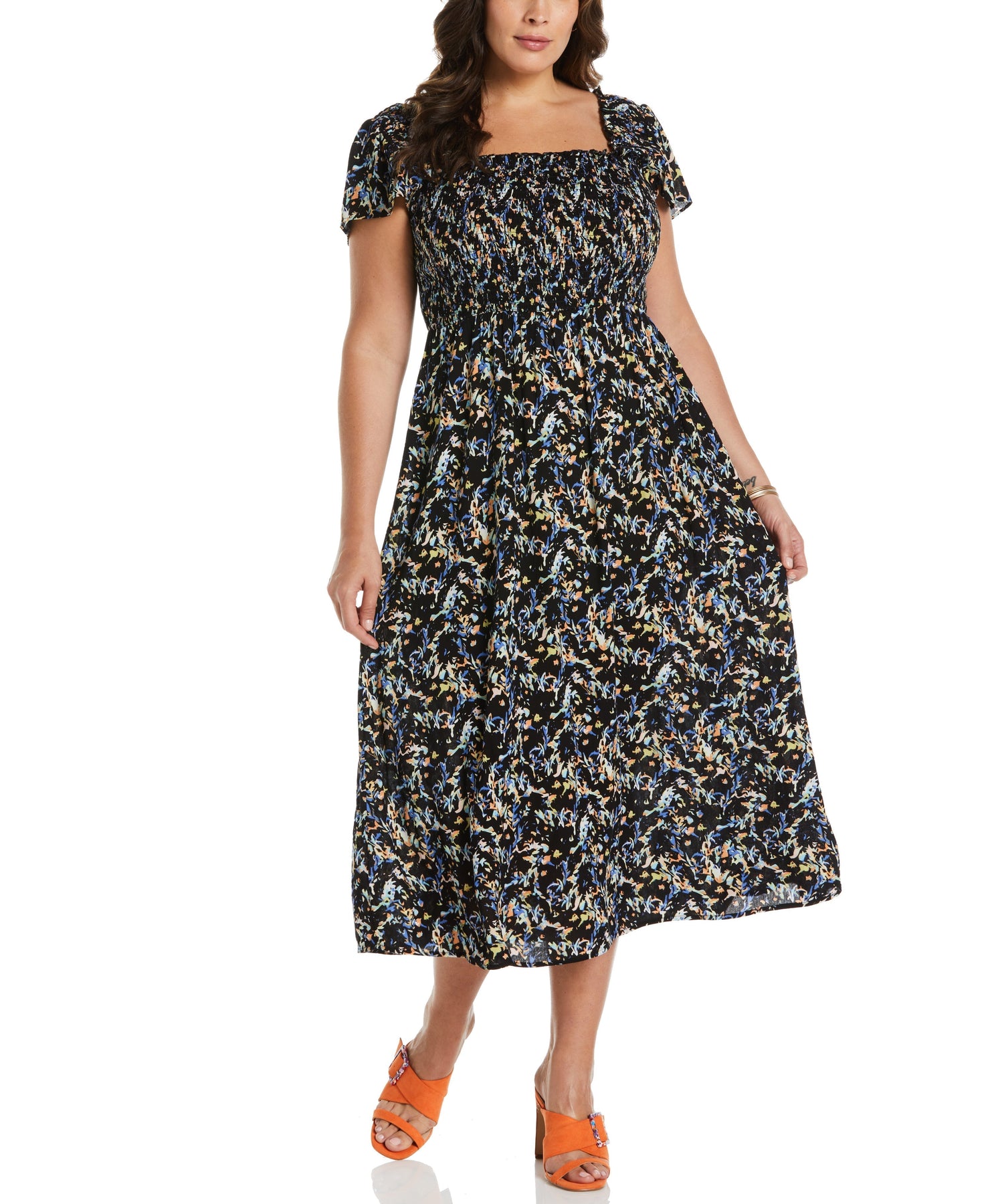 Ella Rafaella Plus Size Smocked Midi Dress - Black - Size 1X Ella Rafaella Plus Size Smocked Midi Dress - Black - Size 1X
