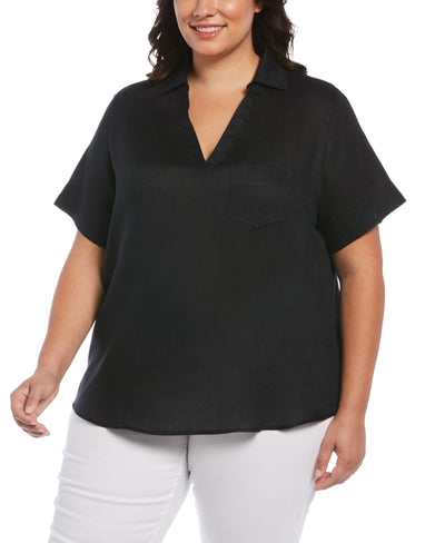 Split Neck Linen Top (Black) 