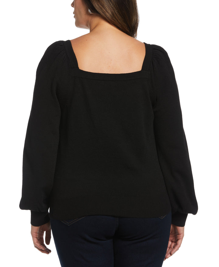 Square Neck Puff Sleeve Sweater (Black) 