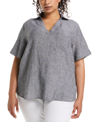 Stripe Split Neck Linen Top (Black) 