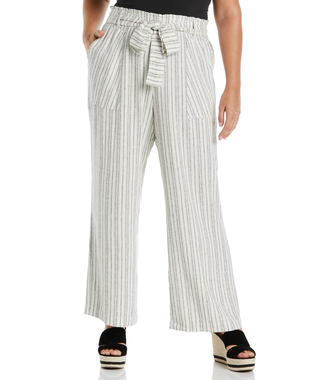 Stripe Wide Leg Linen Blend Paper Bag Pant (Snow White) 
