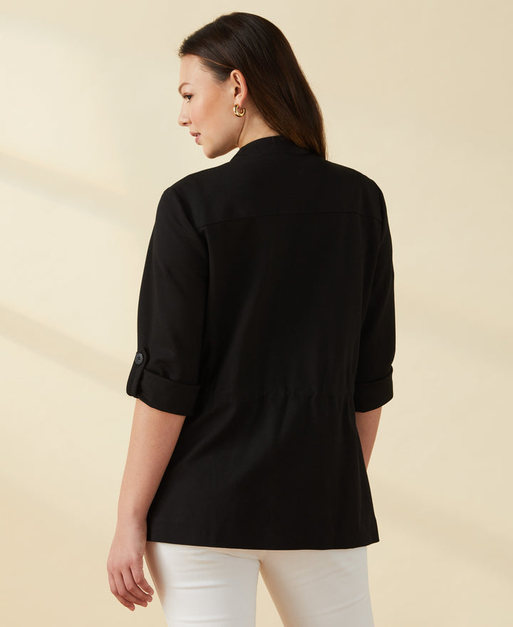 Ponte Knit Drape Front Jacket (Black) 