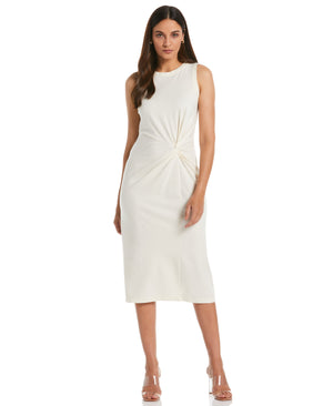 Ponte Knit Twist Front Midi Dress (Whisper White) 