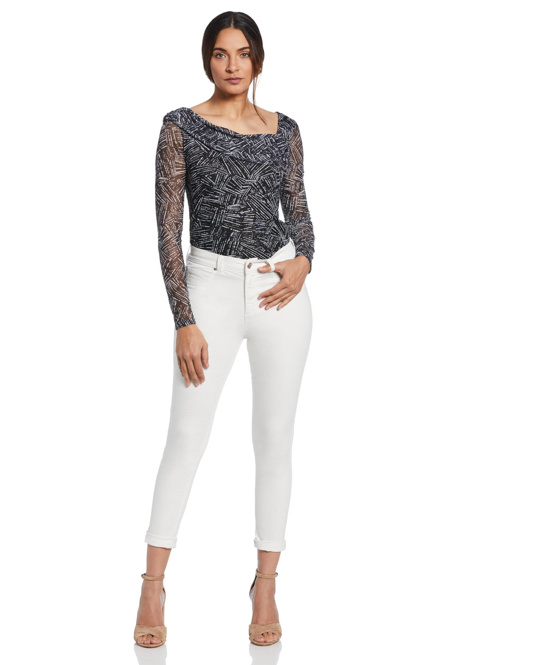 Printed Asymmetrical Mesh Top (Black) 