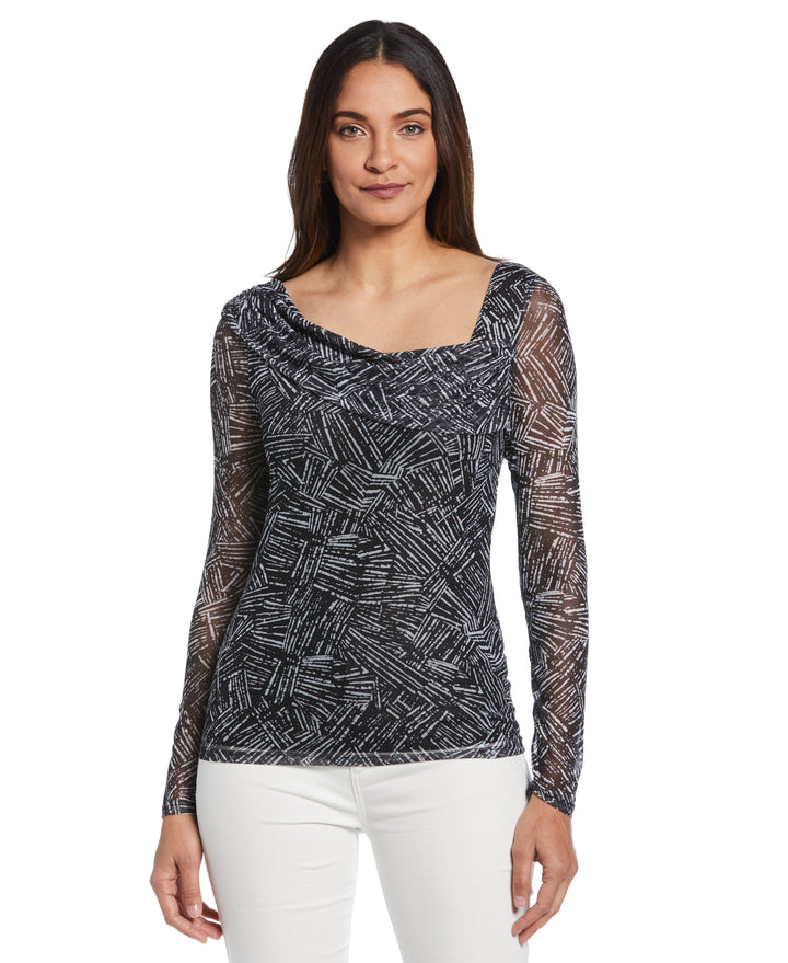 Printed Asymmetrical Mesh Top (Black) 