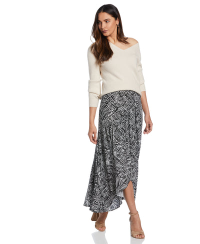 Printed Crepe Faux Wrap Skirt (Black) 