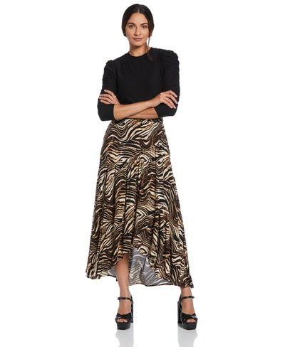 Printed Crepe Faux Wrap Skirt (Black) 
