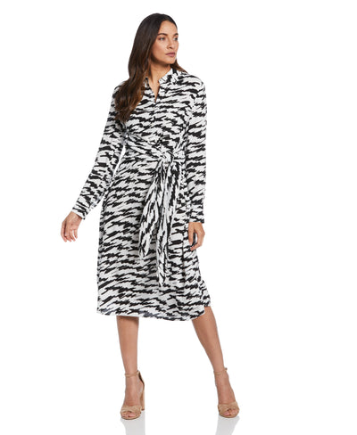 Printed Crepe Tie Front Midi Dress (White) 