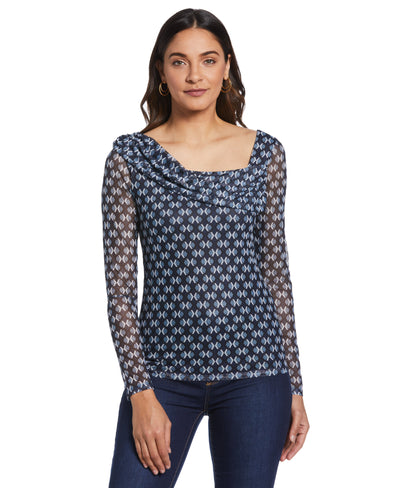 Printed Mesh Drape Neck Top (Mood Indigo) 