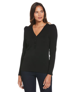 Puff Sleeve Henley Top (Black) 