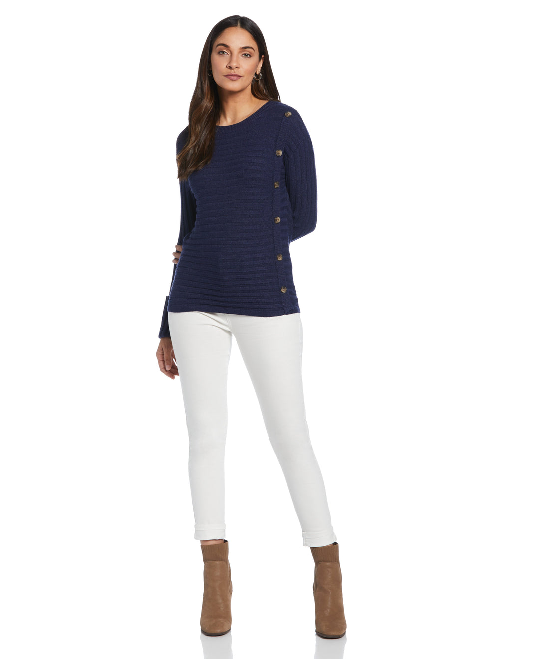 Ribbed Sweater with Button Detail (Peacoat Heather) 