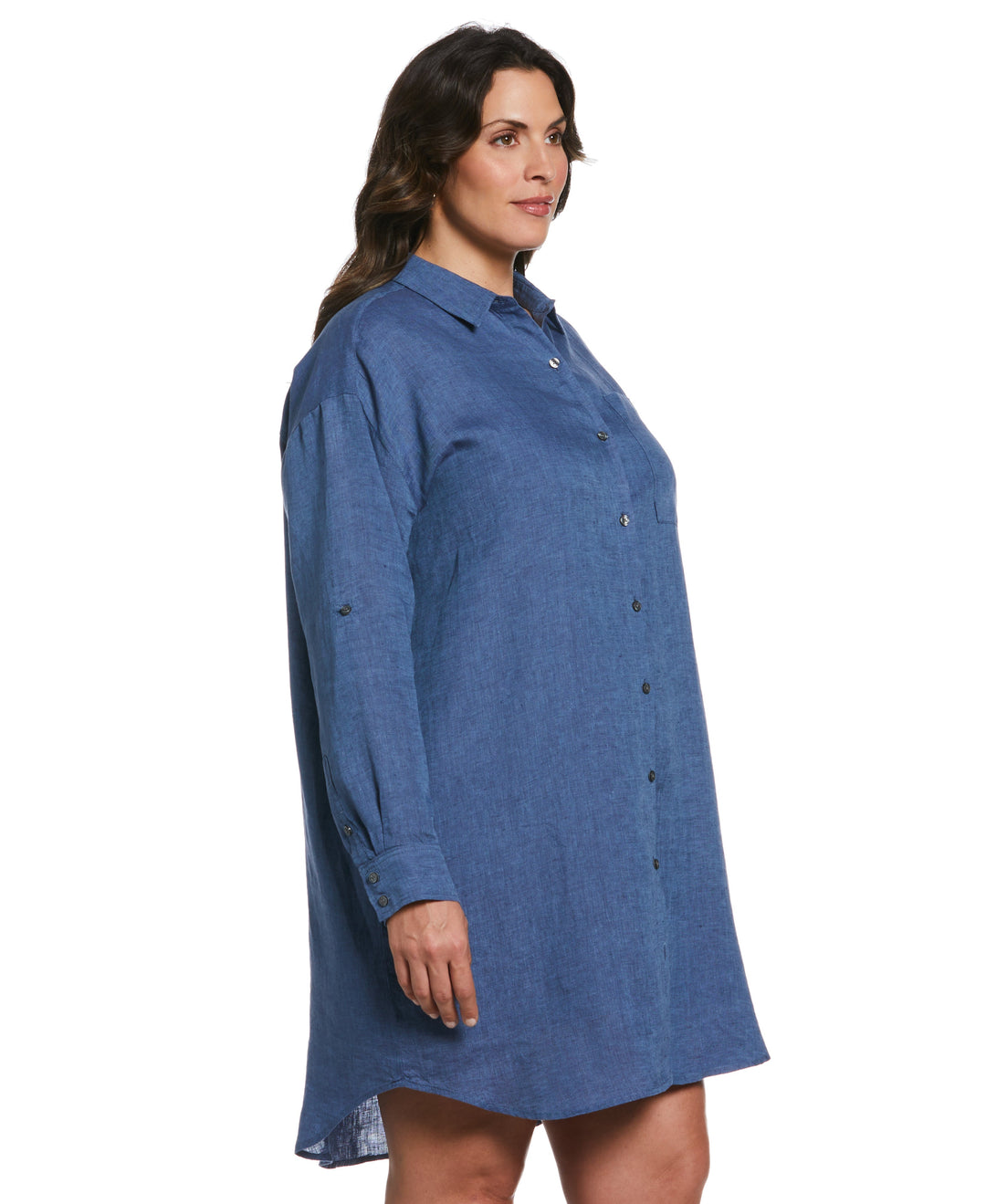 Rafaella Plus Size Roll Sleeve Linen Shirt Dress - Delft - Size 2X Rafaella Plus Size Roll Sleeve Linen Shirt Dress - Delft - Size 2X