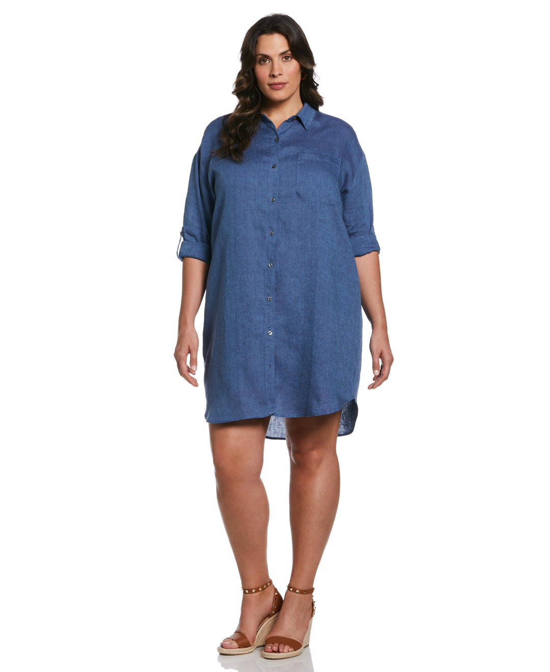 Rafaella Plus Size Roll Sleeve Linen Shirt Dress - Delft - Size 2X Rafaella Plus Size Roll Sleeve Linen Shirt Dress - Delft - Size 2X
