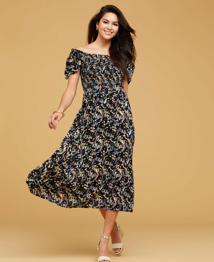 Smocked Midi Dress (Black) 