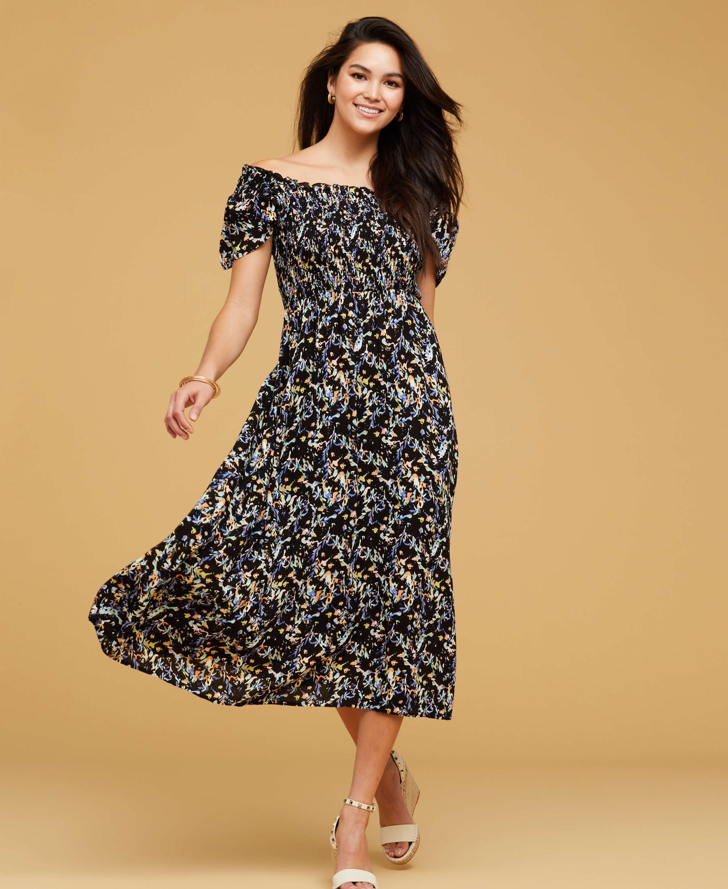 Ella Rafaella Smocked Bodice Midi Dress with Ruffle Sleeves, Size XL, Black Ella Rafaella Smocked Bodice Midi Dress with Ruffle Sleeves, Size XL, Black