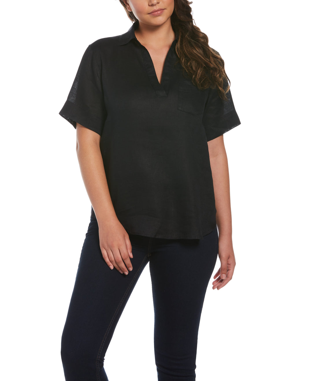Split Neck Linen Top (Black) 