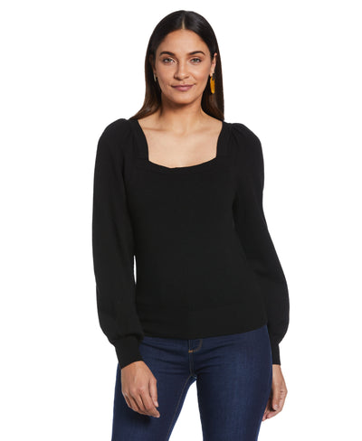 Square Neck Puff Sleeve Sweater (Black) 