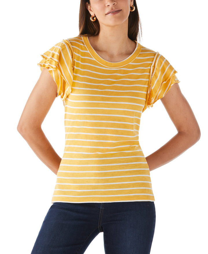 Stripe Ruffle Sleeve Tee (Amber Yellow) 