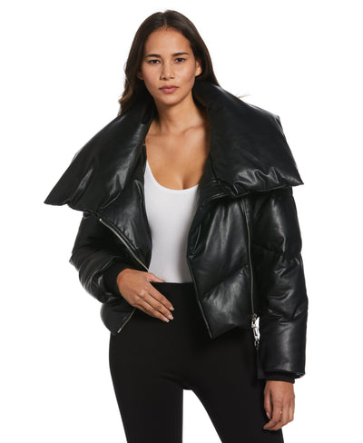 Vegan Leather Puffer Jacket (Black)
