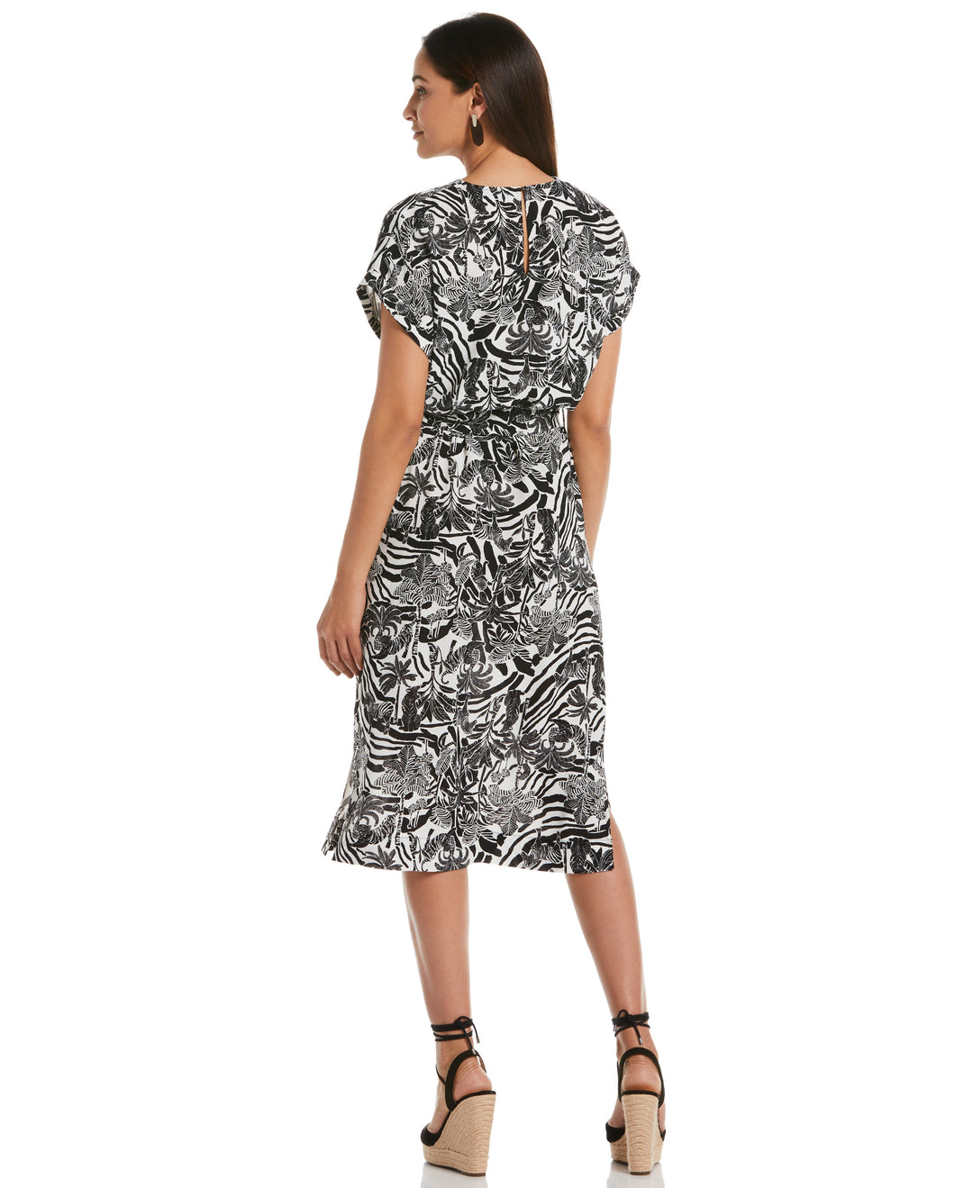 Zebra Print V-neck Midi Dress with Self Fabric Tie (White) 