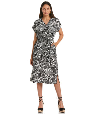 Zebra Print V-neck Midi Dress with Self Fabric Tie (White) 